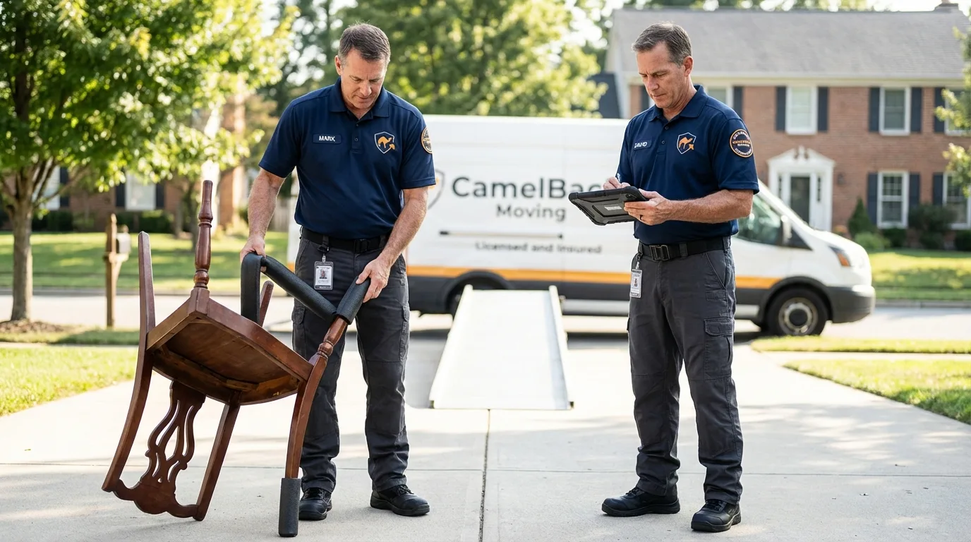 Movers inspecting furniture for damage prevention before loading in Wernersville, PA