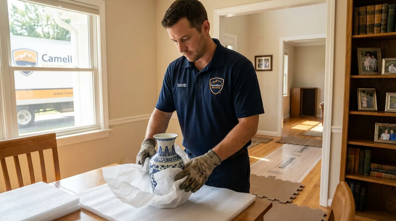 Professional crew carefully wrapping antique vase for senior downsizing move in Wernersville, PA